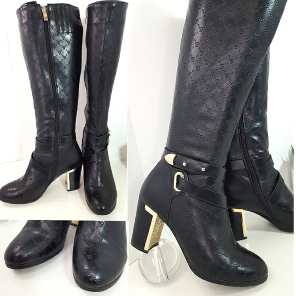 FELLINI🔥Black Knee High| Round Toe|Block Goden Heels